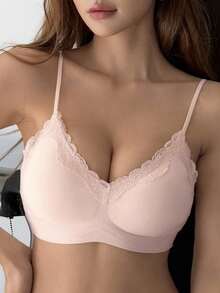 DAZY Áo ngực nữ phối ren, không đường may, nâng nhẹ, có dây đeo điều chỉnh được. - Hồng - Xem 4