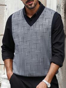 Manfinity Homme Men's Contrast Color V-Neck Casual Knit Sweater Vest, Autumn/Winter, Old Money - Grey - View 4