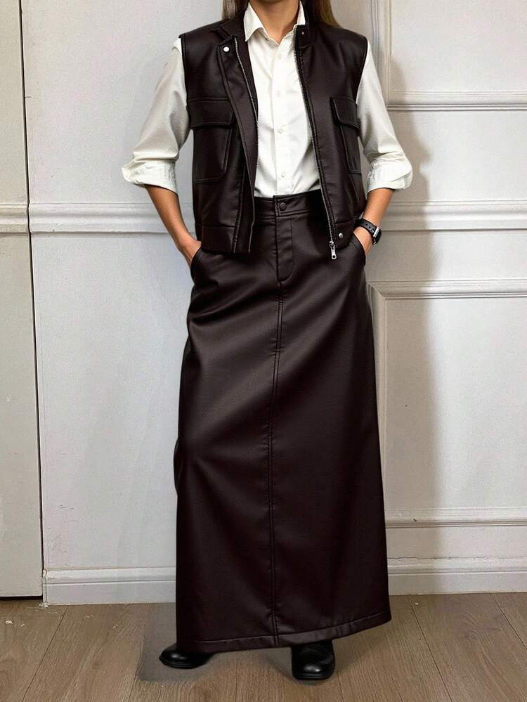Women Solid Color Sleeveless Top And Skirt 2 Pieces Set Winter