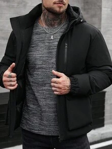 Manfinity CasualCool Men's Padded Coat With Detachable Hood, Lined With Padding, Fall/Winter - Black - View 3