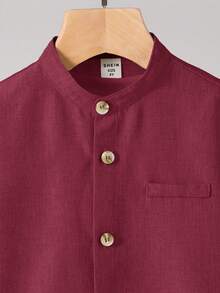 儿童男孩休闲立领纽扣衬衫，卡其色衬衫，基本款上衣，返校季，适合花园、海滩、生日 - 紅色 - 查看 4