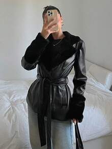 SHEIN EZwear Áo khoác PU chắp vá tay dài màu trơn có dây rút cho mùa thu/đông - màu đen - Xem 5