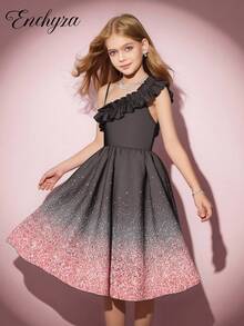 Vestido de Festa Casual de Primavera/Verão, Férias, Verão, Viagem para Meninas Pré-Adolescentes com Ombro Assimétrico, Babados Sobrepostos, Remendos de Tricô e Tecido Tecido, Estampa Sequinada, Cintura Elástica, Estampa Floral Preta e Rosa - Preto - Visão 1
