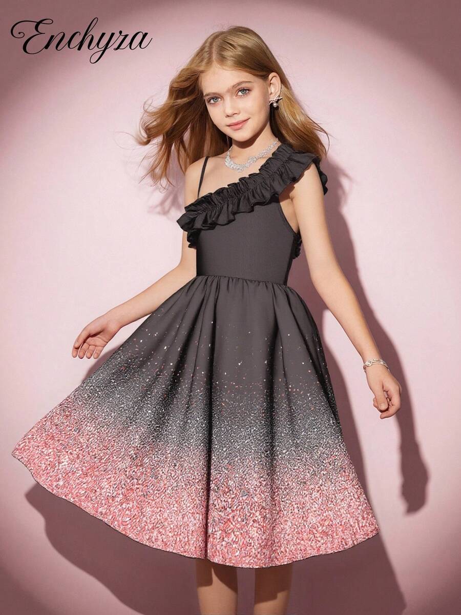 Vestido de Festa Casual de Primavera/Verão, Férias, Verão, Viagem para Meninas Pré-Adolescentes com Ombro Assimétrico, Babados Sobrepostos, Remendos de Tricô e Tecido Tecido, Estampa Sequinada, Cintura Elástica, Estampa Floral Preta e Rosa - Preto - Visão 1