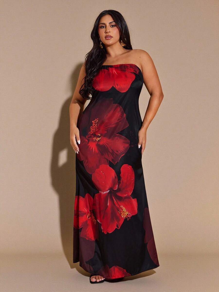 SHEIN BAE Plus Size Women Red /Black Floral Satin Jacquard Dress/ New  Fall Fashion Clothes For Women,Autumn Outfits Women Plus Size ,Halloween Costume,Wedding Guest Dress Women,Going Out Dress Women,Homecoming Dress,Formal Dress Plus Size,Fall Clothes Plus Size,Plus Size Woman Dresses,Dresses Classy Elegant,Birthday Dresses For Women,CURVE,Christmas Women's Clothing,National Day,Graduation/Curvy Elegant Dresses For Party