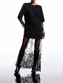 LYSMO Vestido largo holgado con cuello redondo y encaje de contraste para mujer