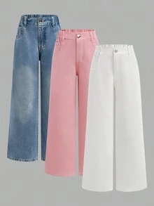 青少年女孩时尚宽松阔腿口袋牛仔裤 - 彩色 - 查看 1