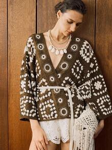 Chiquease 女式宽松刺绣钩针落肩长袖开衫 - 咖啡棕 - 查看 4