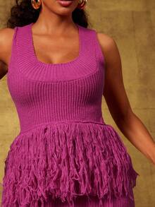 Vixey 流苏下摆罗纹针织无袖荷叶边上衣 - 玫紅色 - 查看 4