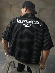 AXEPEAK 男士字母印花条纹短袖衬衫配阔腿裤休闲西装 - 彩色 - 查看 3