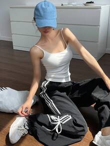 DAZY 條紋側邊束繩腰寬腿褲 - 黑色 - 查看 2