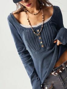 Bohemela Áo thun dài tay viền ren cổ điển thường ngày dành cho nữ, mùa thu - Màu xanh hải quân - Xem 7