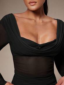 Silquee 女式纯色圆领修身长袖上衣，秋季 - 黑色 - 查看 7