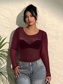 CovetEZ 大码女式纯色圆领网眼修身时尚性感衬衫 - 酒紅色 - 查看 6