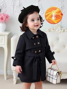 SHEIN 1 buc. Trench lung, la modă, minimalist, stil stradal, negru, cu mânecă lungă și rever, cu decor din blană în interior și curea, potrivit pentru purtare zilnică și școală - Negru - View 3
