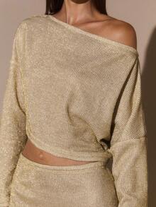 SHEIN BAE Damska jednokolorowa metaliczna, brokatowa, złota/srebrna dzianina z długim rękawem i obszernym, skośnym dekoltem na ramiona, elegancka narzutka na przyjęcie koktajlowe, do klubu, na święta Y2K, dla dziewczyn z klasą, na wakacje