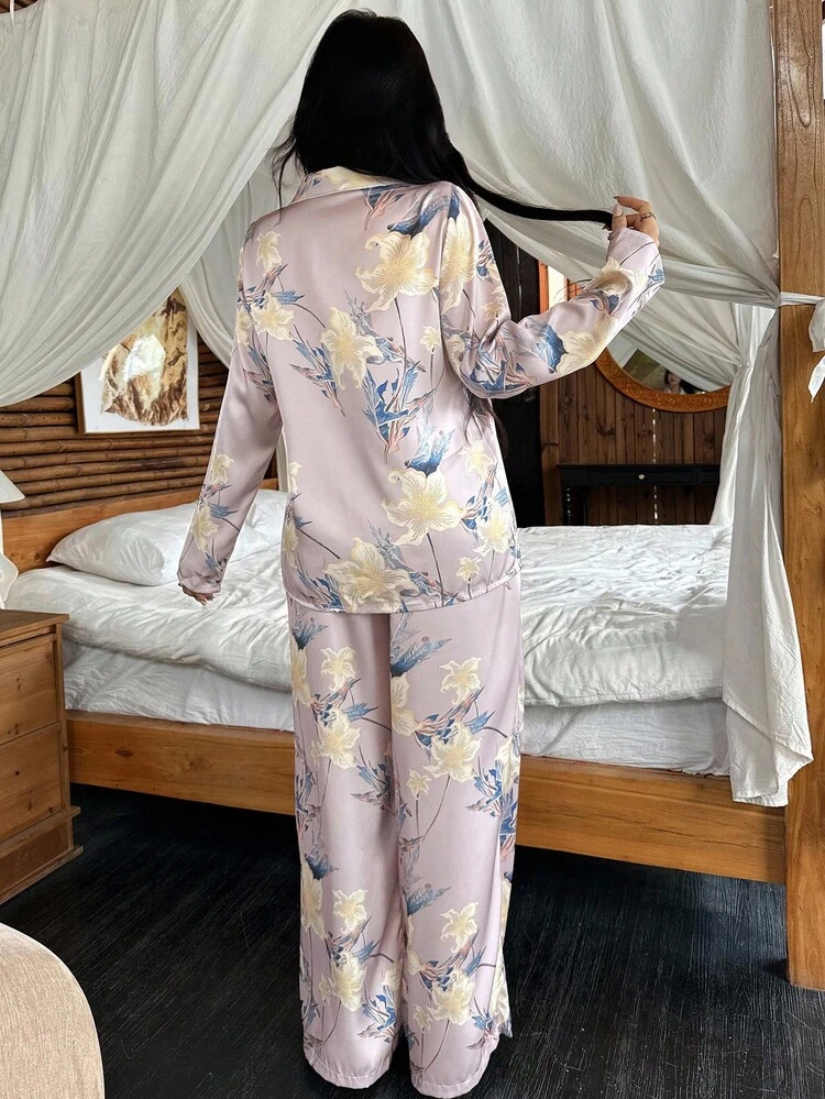 Shiny Satin Floral Allover Print Women Pajama Set, Fall Clothes