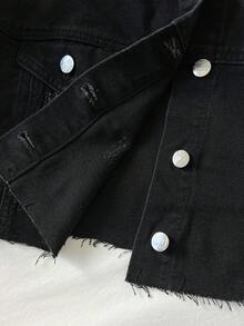 Elamini 翻蓋口袋毛邊短款牛仔夾克 - 黑色 - 查看 4