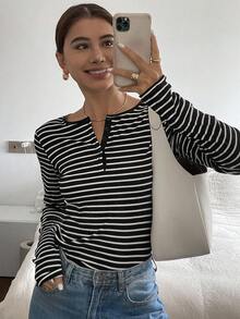 Livesso Long Sleeve Striped Printed Single Breasted Casual T-Shirt,Fall Clothes Preppy Tops - Black and White - View 8