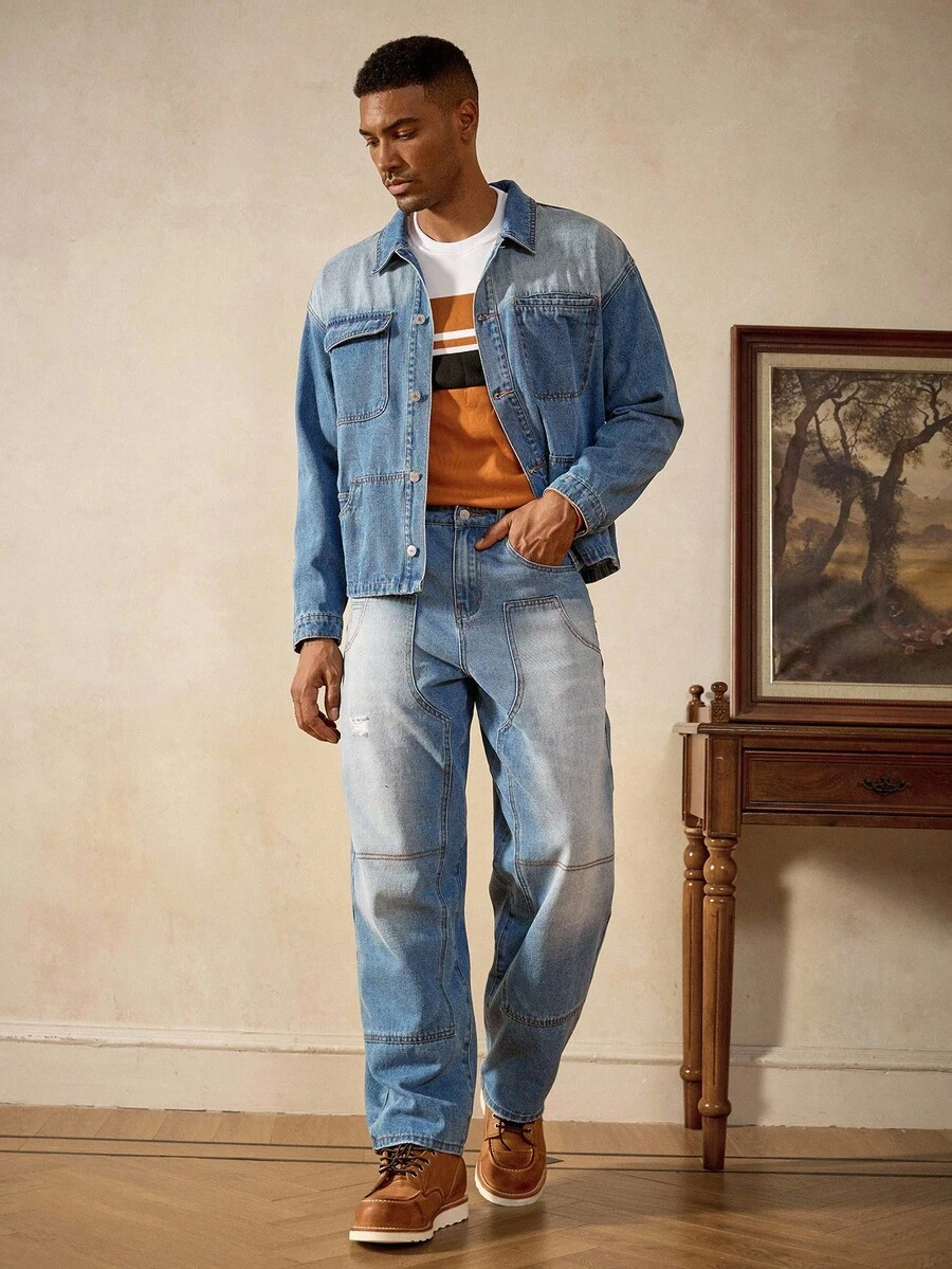 Manfinity Homme Ensemble veste et jeans multi-poches lavés pour homme, vêtements d'automne - Bleu azur - Voir 1