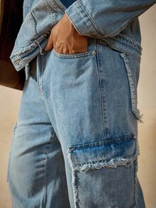 RivetRise Casual Distressed Washed Blue Denim Outfit, Slim Fit, Street Style, Suitable For Spring & Autumn - Blue - View 3