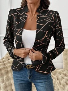 SHEIN Clasi 女式几何印花长袖前开式休闲轻便夹克，秋季 - 彩色 - 查看 6