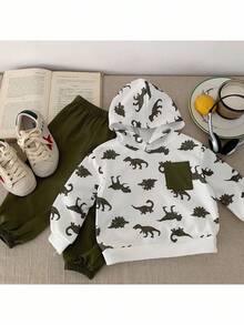 2pcs Baby Boy Knitted Dinosaur Pattern Hooded Sweatshirt And Pants Set - Multicolor - View 1