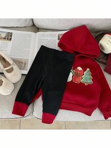 SHEIN 2pcs Baby Girl Knitted Solid Color Fluffy Hooded Sweatshirt And Leggings Set - Multicolor - View 2