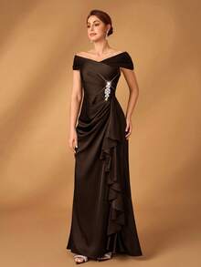 优雅奢华的海军蓝缎面露肩褶皱 A 字形不对称荷叶边下摆连衣裙，适合晚会、庆典、婚礼、新娘母亲礼服 - 咖啡棕 - 查看 6