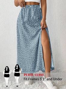 SHEIN PETITE CURVE Plus Size Women's Ditsy Floral High Split Skirt, Summer Women Summer For Vacation Country Concert Floral Print Maxi Skirt People Of Shorter Stature - Blue - View 1