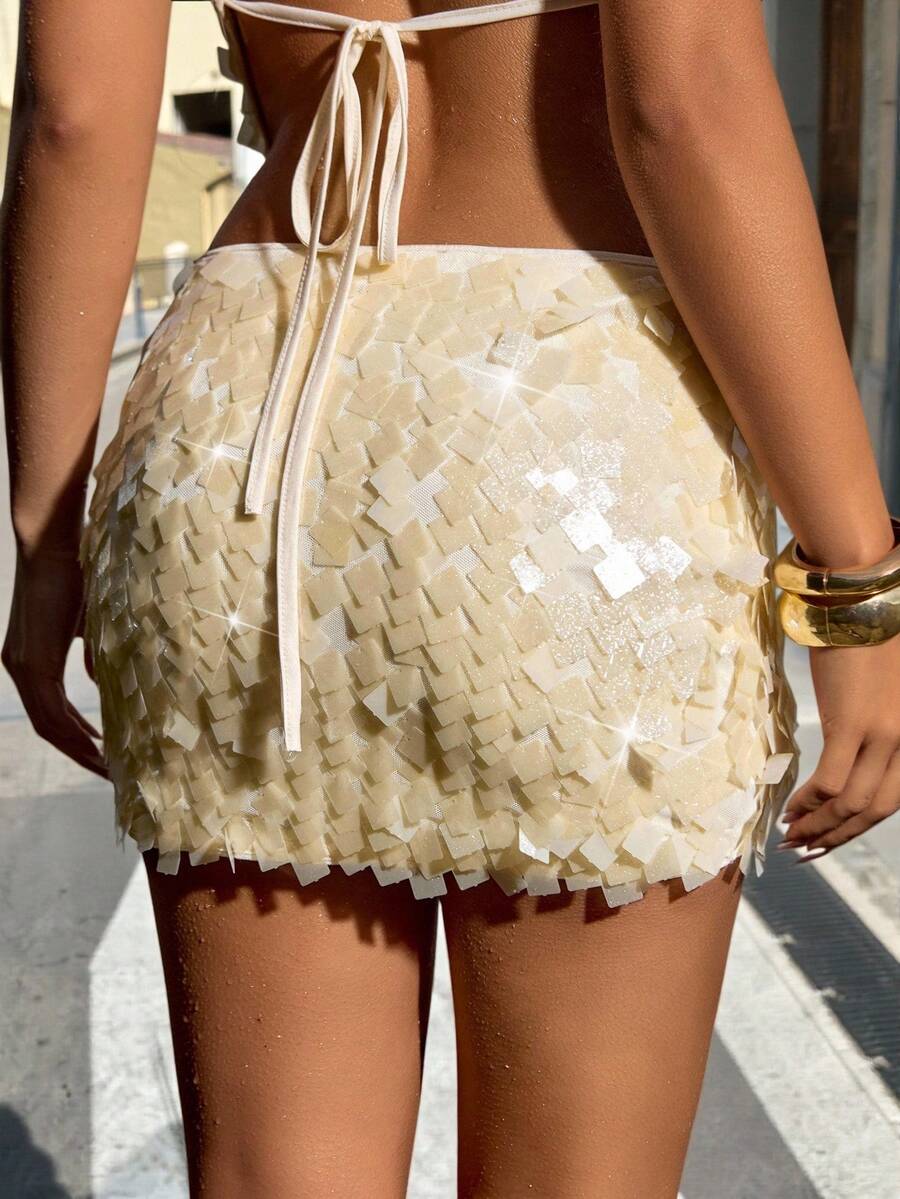 Opulessa Elegant White Party Mini Skirt For Women,Autumn 70s Night Out Sequin Decor Low Waist Halloween Christmas Graduation Prom Luxury Evening Skirts - Multicolor - View 1