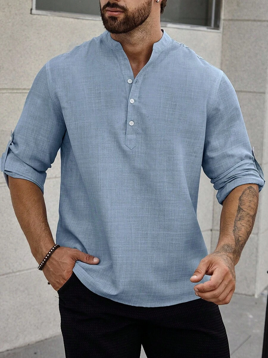 Manfinity CasualCool Loose Fit Men Half Button Roll Up Sleeve Shirt, Fall - Blue - View 1