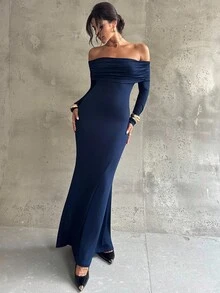 Firerie 女士藏蓝色露肩褶皱露背性感修身鱼尾长裙，优雅、通勤、性感、度假、海滩、波西米亚风、夏威夷风情、音乐节、浪漫、约会、派对、婚礼季、毕业典礼、舞会、演出、演唱会、工作、返校、女士生日礼服、婚礼宾客礼服 - 藏蓝色 - 查看 10