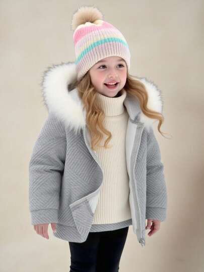 Young Girl Casual Versatile Comfortable Fuzzy Collar Zip-Up Knit Jacket, Suitable For Commuting, School, Daily Casual, Travel, Sports, Spring/Summer/Fall/Winter