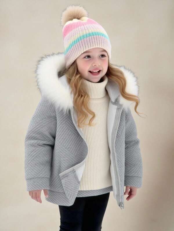 Young Girl Casual Versatile Comfortable Fuzzy Collar Zip-Up Knit Jacket, Suitable For Commuting, School, Daily Casual, Travel, Sports, Spring/Summer/Fall/Winter