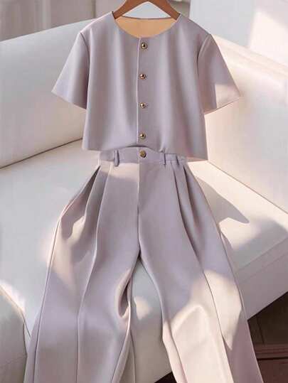 SHEIN Tall 2pcs Women Fashion Round Neck Short Sleeve Shirt, Buttoned Casual Pants Suit Summer Pants Set Women Pants Suit Set Women Two Pieces Pants Set Women 2 Pieces Set Women Classy Blouse And Pants Set Women