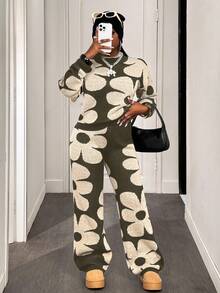 BamGleam 2 件套女式花卉图案圆领长袖毛衣上衣和裤子套装 - 卡其色 - 查看 5