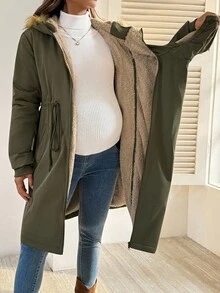 SHEIN 孕妇纯色连帽仿毛领中长款加厚保暖三合一夹克