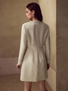 MOTF PREMIUM TWEED FAUX PEARL TRIM DRESS - Apricot - View 3