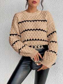 EMERY ROSE Women's Casual Everyday Commute Colorblock Striped Pattern Dropped Shoulder Loose Popcorn Knit Pullover Sweater, Autumn/Winter - Apricot - View 4