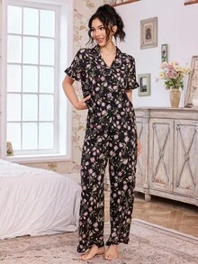 CottageSlumber Ruffled Collar Open Front Floral Print Short Sleeve Pajama Set For Women - Multicolor - View 4