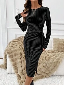 SHEIN Clasi Women's Elegant High Stretch Knit Long Sleeve Dress, Versatile For Commuting And Office Wear, Autumn  Black Dress  Fall Clothes For Women  Elegant Midi Dress Vertical Stripe Dress Long Sleeve Elegant Dress Long Bodycon Dress Slim Dress  Business Casual Outfits Women   Business Casual Woman Curve