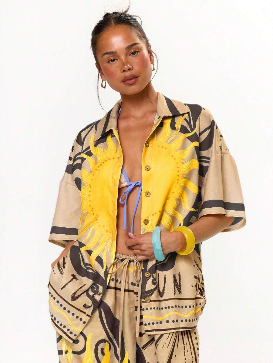 MUSERA 印花太阳图案纽扣短袖衬衫，适合度假、节日、休闲、优雅的托斯卡纳阳光海滩度假、伊比沙岛之旅，以及春夏穿着。 - 巧克力棕 - 查看 1