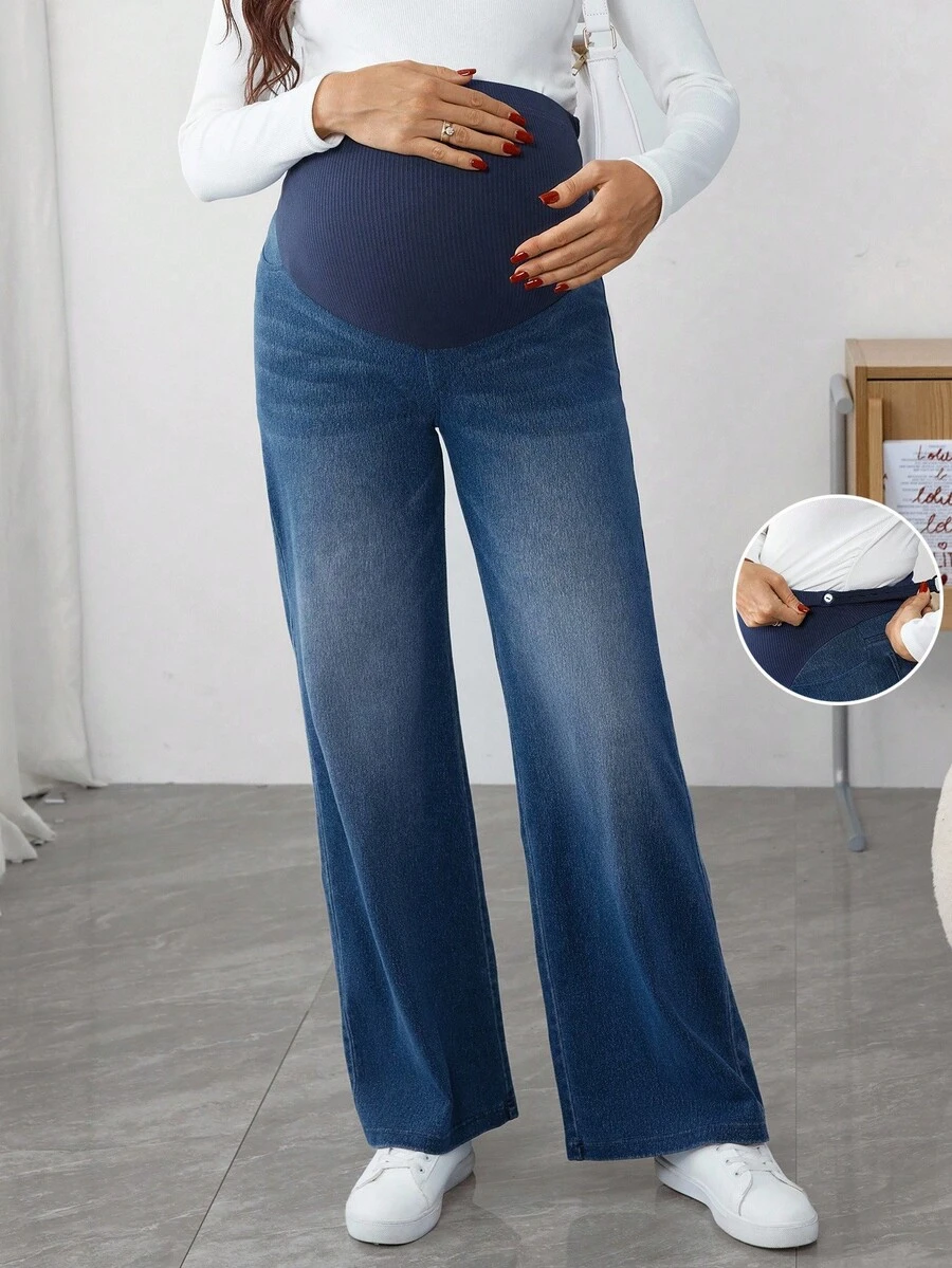 SHEIN 可调节腰部宽腿宽松孕妇牛仔裤 - 深色水洗藍 - 查看 1