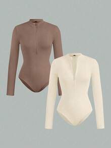 SHEIN EZwear 2 piezas Conjunto de body ajustado con cuello alto y cremallera para mujer talla grande, color marrón y albaricoque - Multicolor - Ver 1