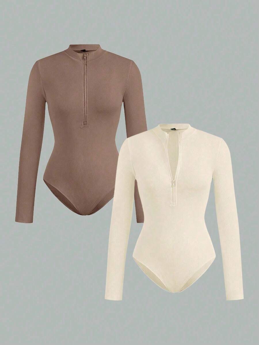 SHEIN EZwear 2 piezas Conjunto de body ajustado con cuello alto y cremallera para mujer talla grande, color marrón y albaricoque - Multicolor - Ver 1