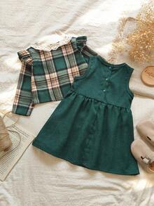 Vintaside Kids Bộ 2 món đồ thời trang thu đông cho bé gái, váy nhung kẻ không tay màu xanh lá cây có cổ nhún bèo, áo khoác dài tay kẻ caro màu xanh lá cây có viền nhún bèo, bộ váy đi làm dễ thương cổ điển thanh lịch - Màu xanh lá cây đậm - Xem 2
