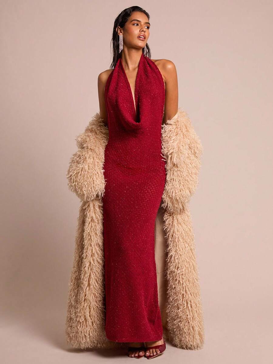 SHEIN Glamour Đầm ôm body đính kim tuyến cổ khoét sâu gợi cảm dành cho nữ - Đỏ - Xem 1