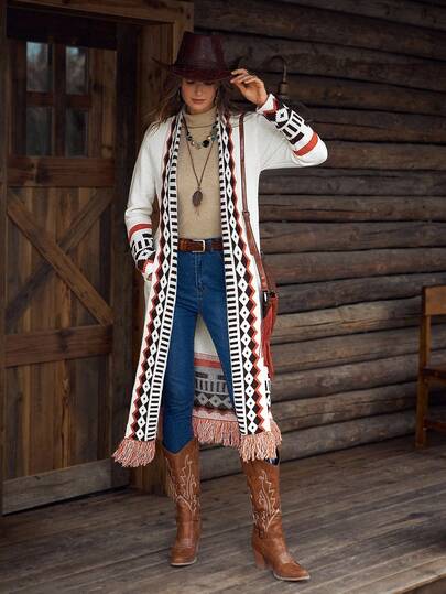  Cárdigan de mujer LanaWest con estampado jacquard y flecos, para vacaciones