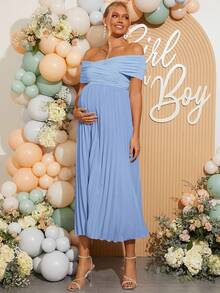 Loomaby Maternity Fashion Off Shoulder Pleated Dress For Baby Shower - Blue - View 6